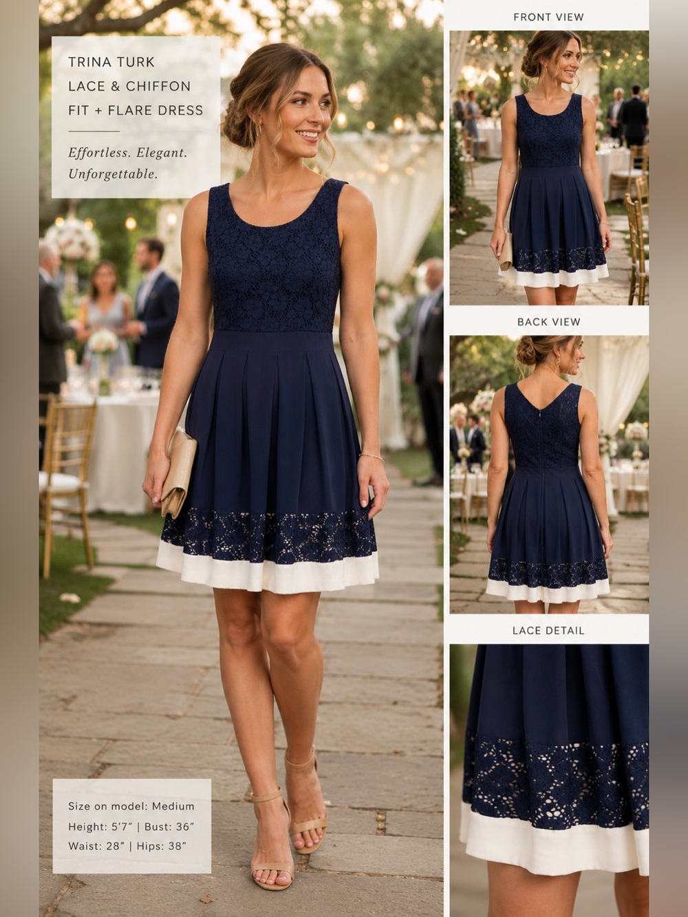 APRICOT Navy Lace Fit-and-Flare Dress with Ivory Hem - Picture 3 of 9